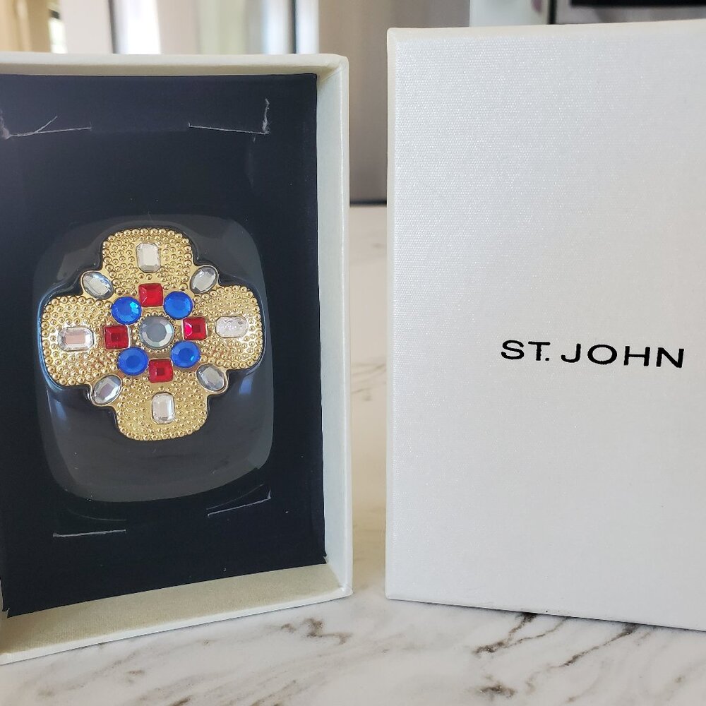 St. John Jeweled Vintage Chunky 2" Wide Embellished Black Bangle Bracelet